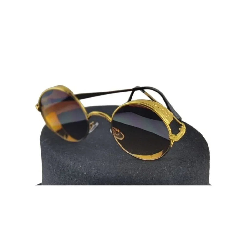 Sunglasses Round Metal Steampunk Gold Frame Brown Lens Diesel Punk Cosplay - Picture 10 of 11